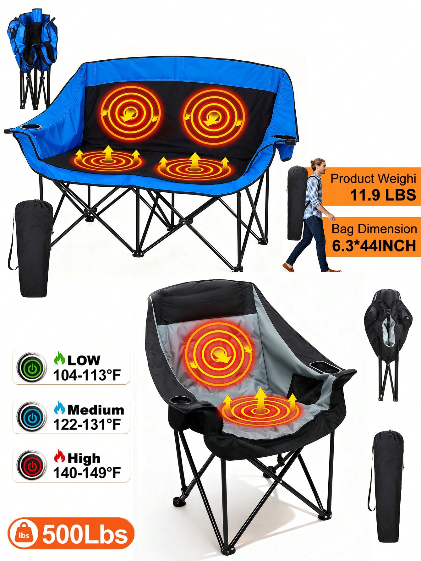 Outdoor Oversized Camping Chair - كرسي تخييم مزدوج مدفأ، كراسي تخييم